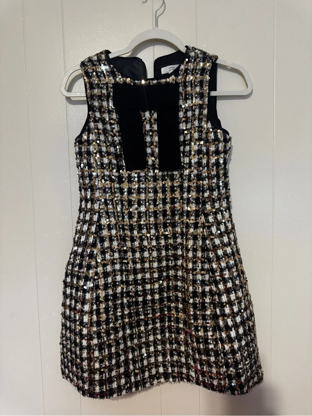 Girls' Black & Gold Tweed Formal Dress with Bow